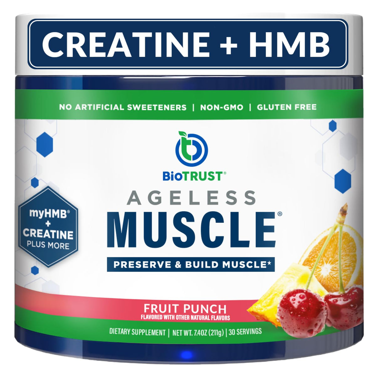 BioTrust Ageless Muscle bottle with fruit punch flavor for easy daily mixing.