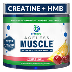 BioTrust Ageless Muscle bottle with fruit punch flavor for easy daily mixing.