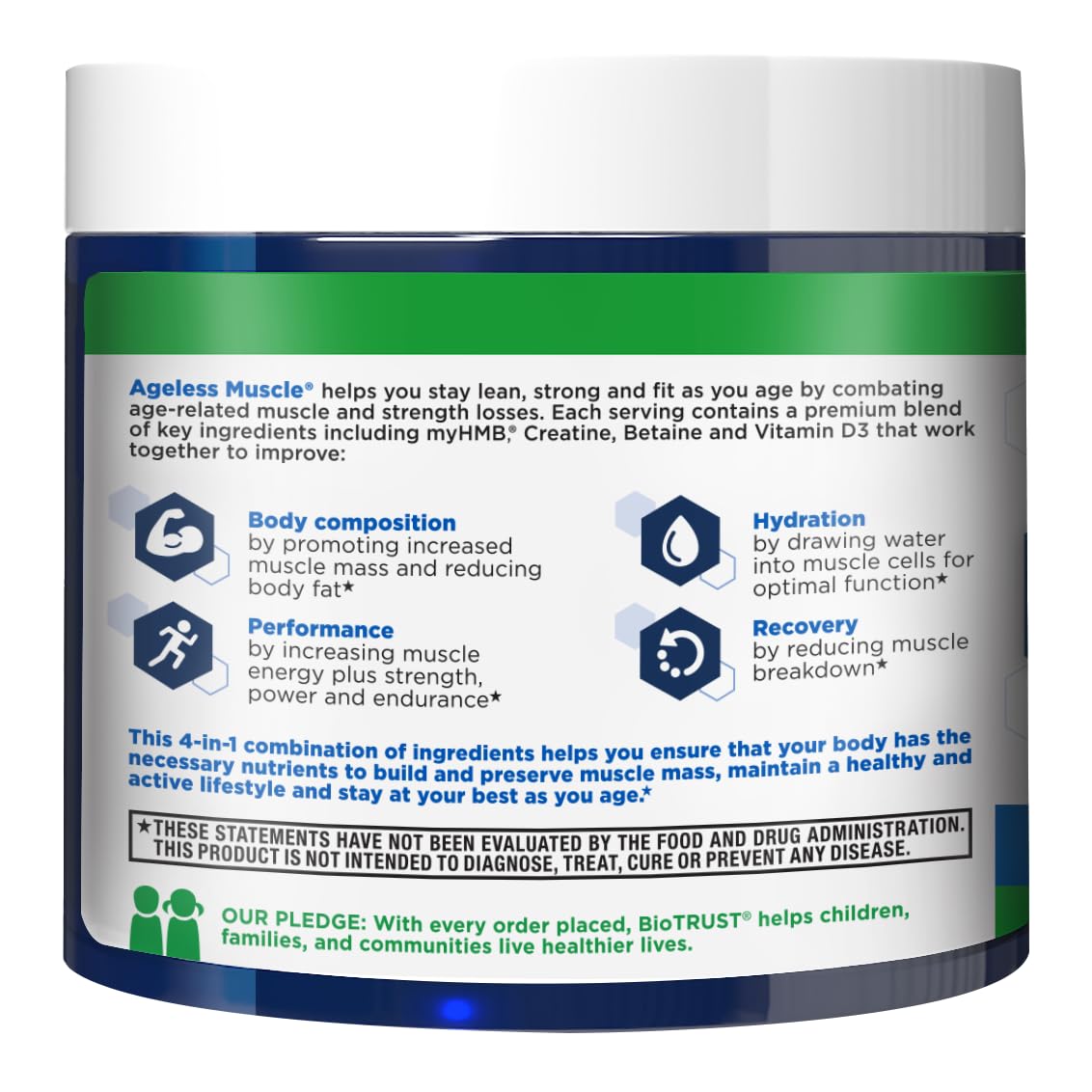 BioTrust Ageless Muscle bottle shown with Vitamin D3 and Betaine imagery.