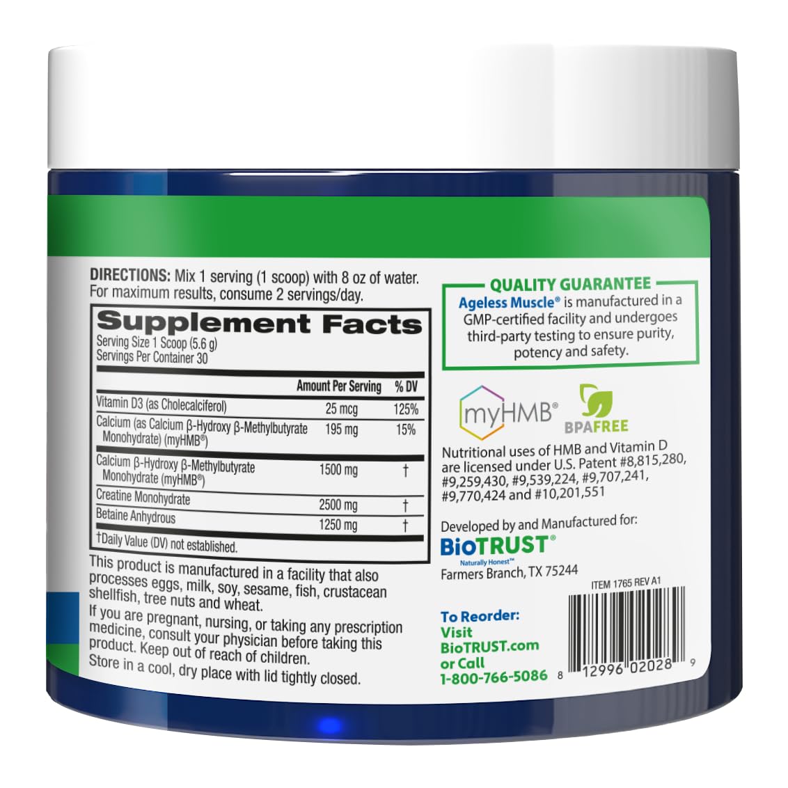 BioTrust Ageless Muscle serving spoon beside label promises easy daily use.