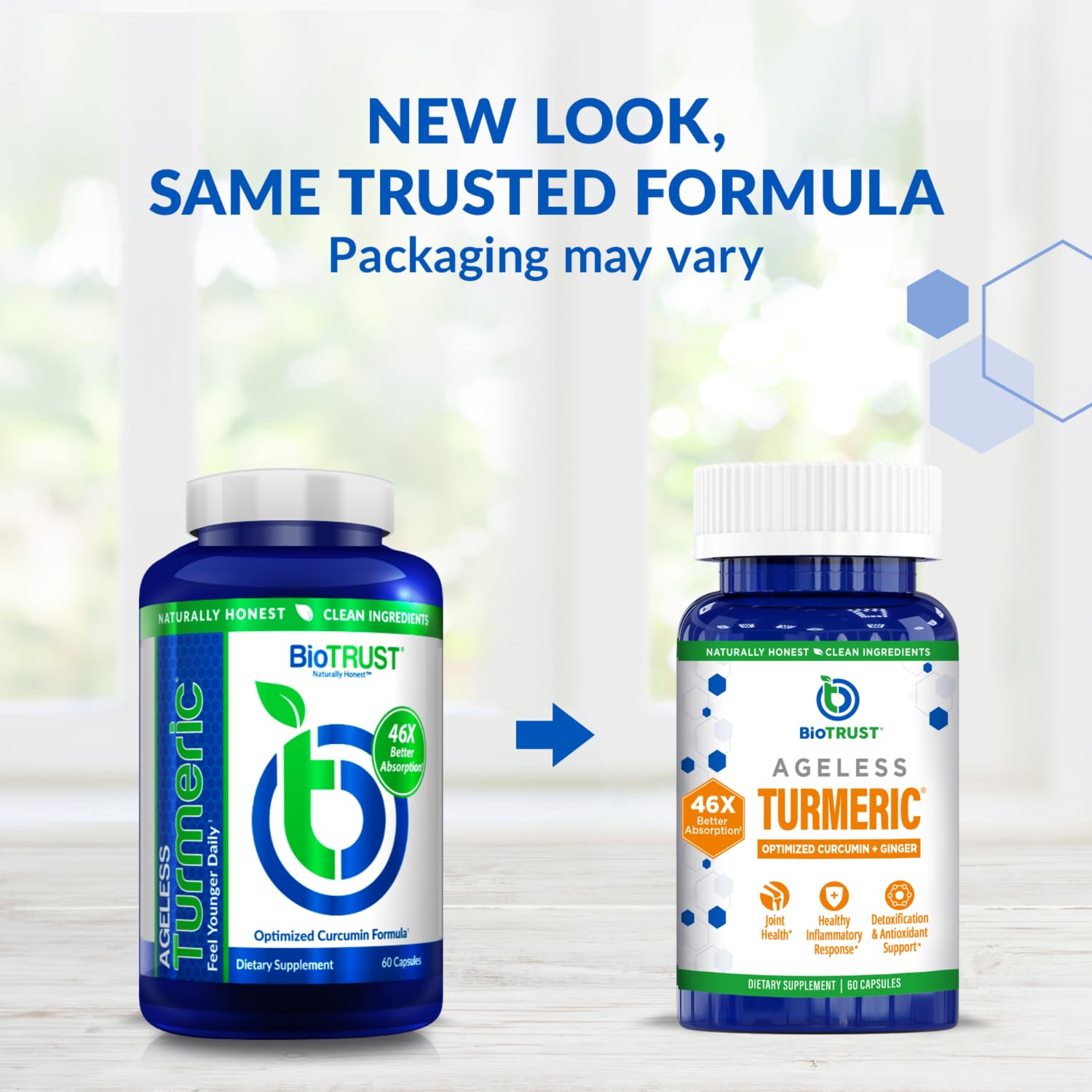 BioTrust Ageless Turmeric capsules close-up showing uniform pills for daily use