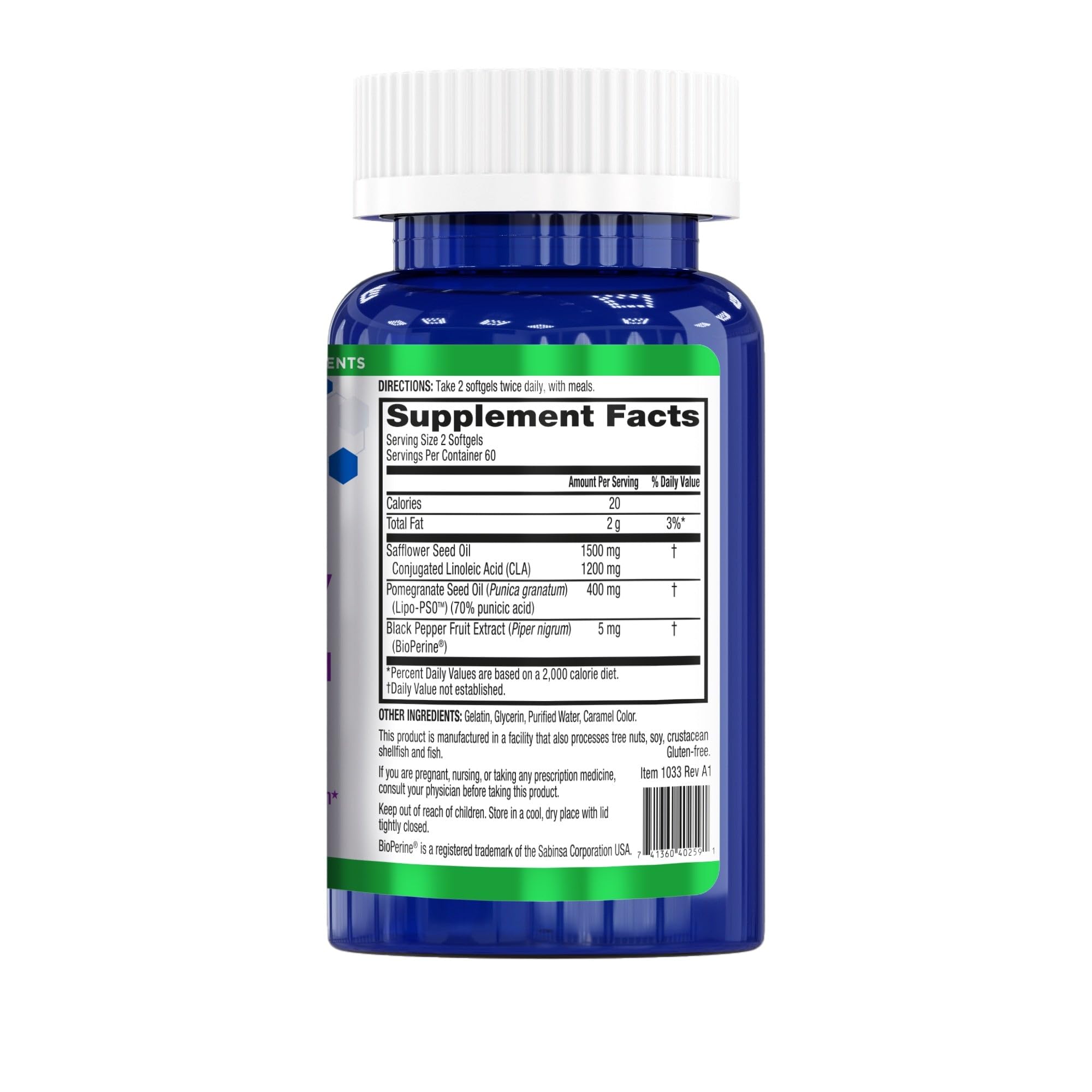 BioTrust BellyTrim XP capsules closeup shows CLA-based support.