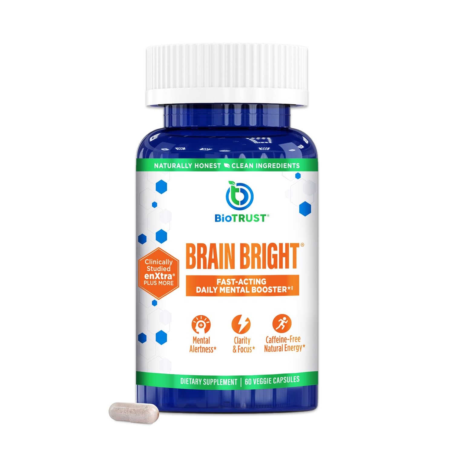 BioTrust Brain Bright bottle front for daily focus and mental clarity, caffeine-free.