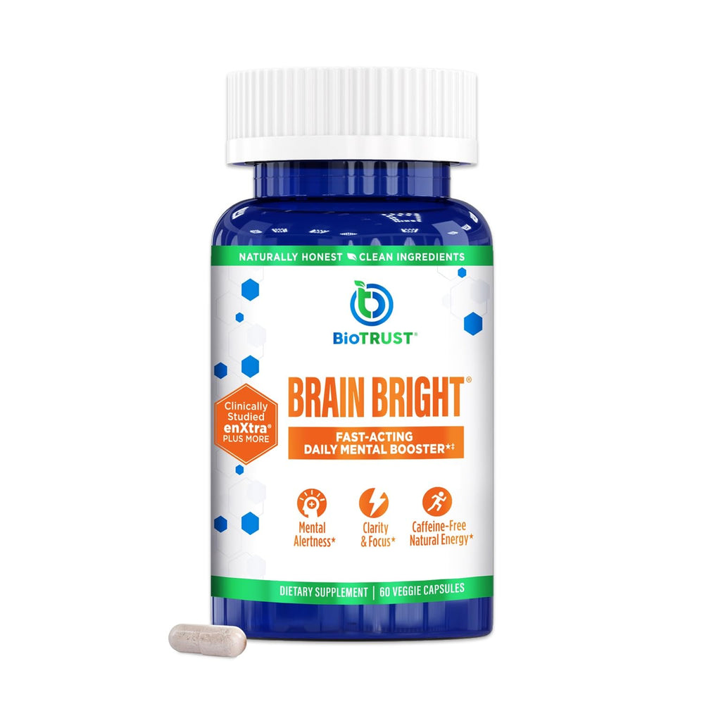 BioTrust Brain Bright bottle front for daily focus and mental clarity, caffeine-free.