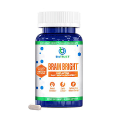 BioTrust Brain Bright bottle front for daily focus and mental clarity, caffeine-free.