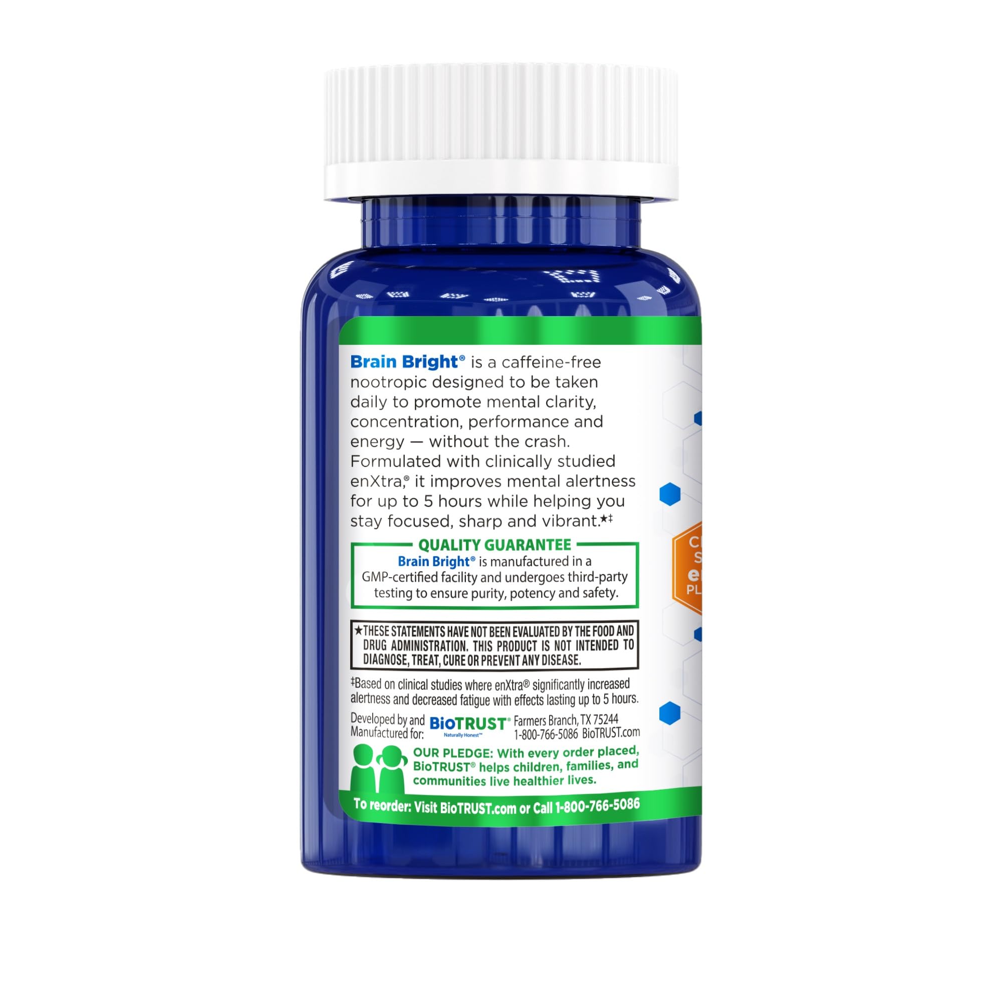 BioTrust Brain Bright packaging communicates a non-GMO, gluten-free formula for daily use.