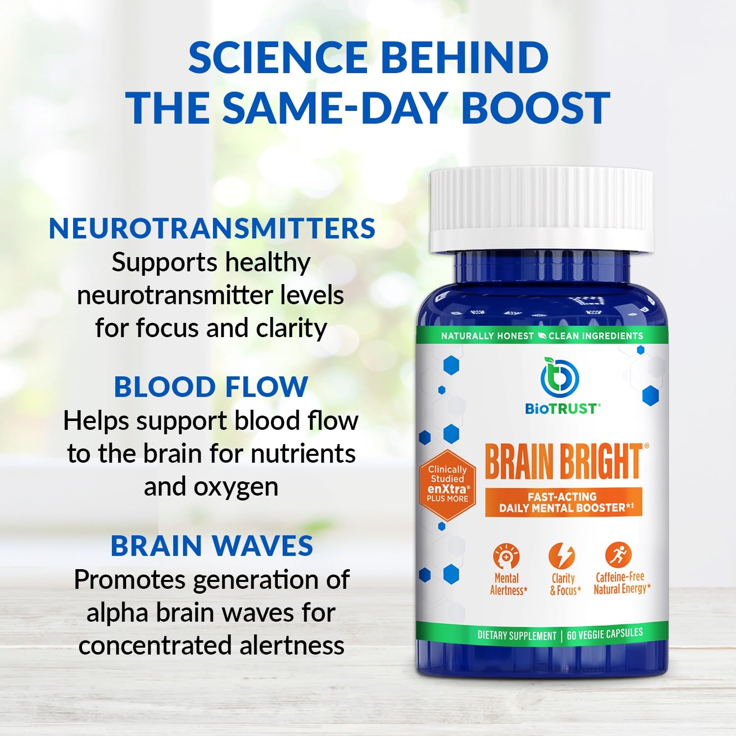 BioTrust Brain Bright daily-use scene suggests quick, caffeine-free mental lift during busy days.