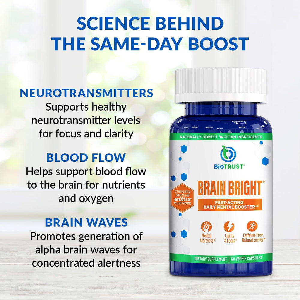 BioTrust Brain Bright daily-use scene suggests quick, caffeine-free mental lift during busy days.