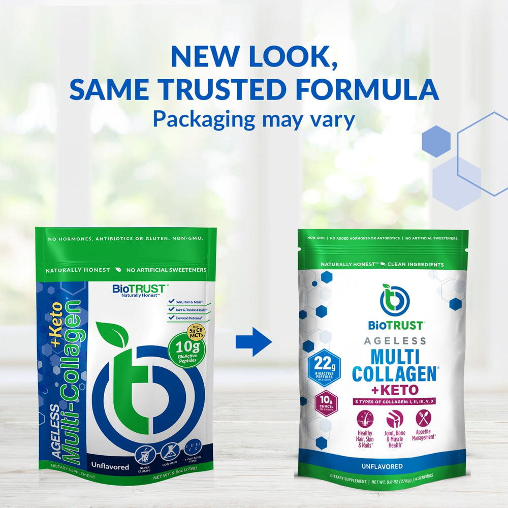 BioTrust scoop pouring collagen into a glass, highlighting five collagen types.