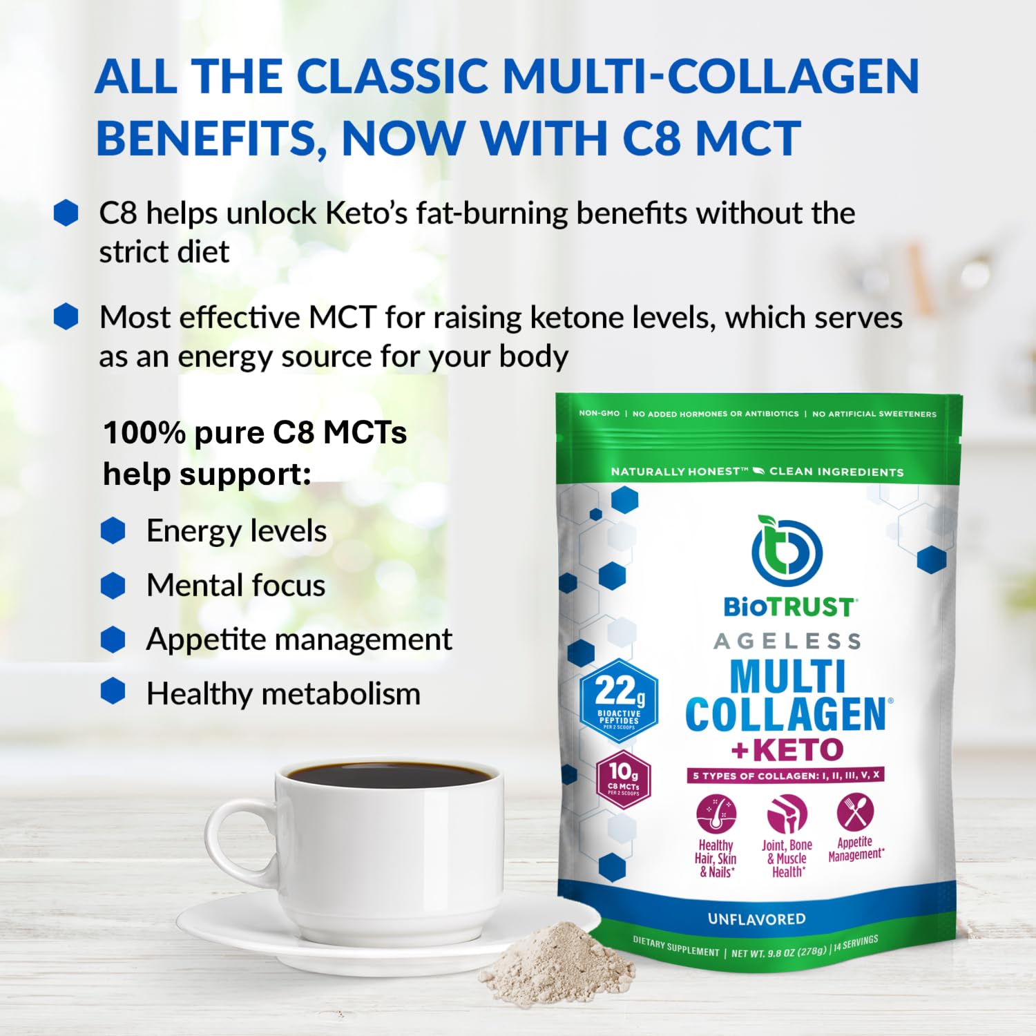 BioTrust collagen powder poured into a smoothie, demonstrating versatile mixing.