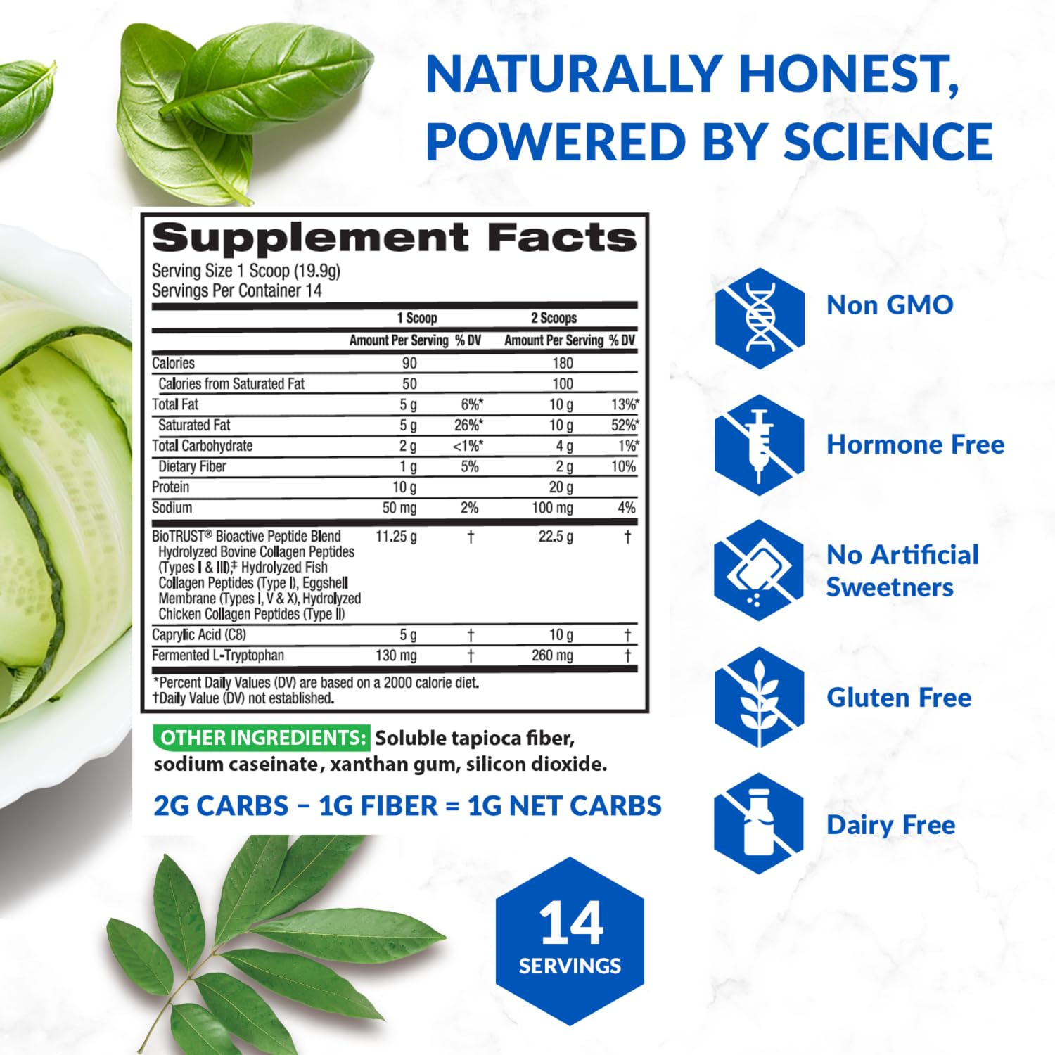 BioTrust container on a kitchen counter with keto-friendly nutrition icons.