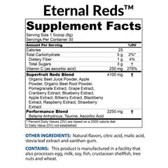 BioTrust Eternal Reds powder poured into a glass for a refreshing energy boost.