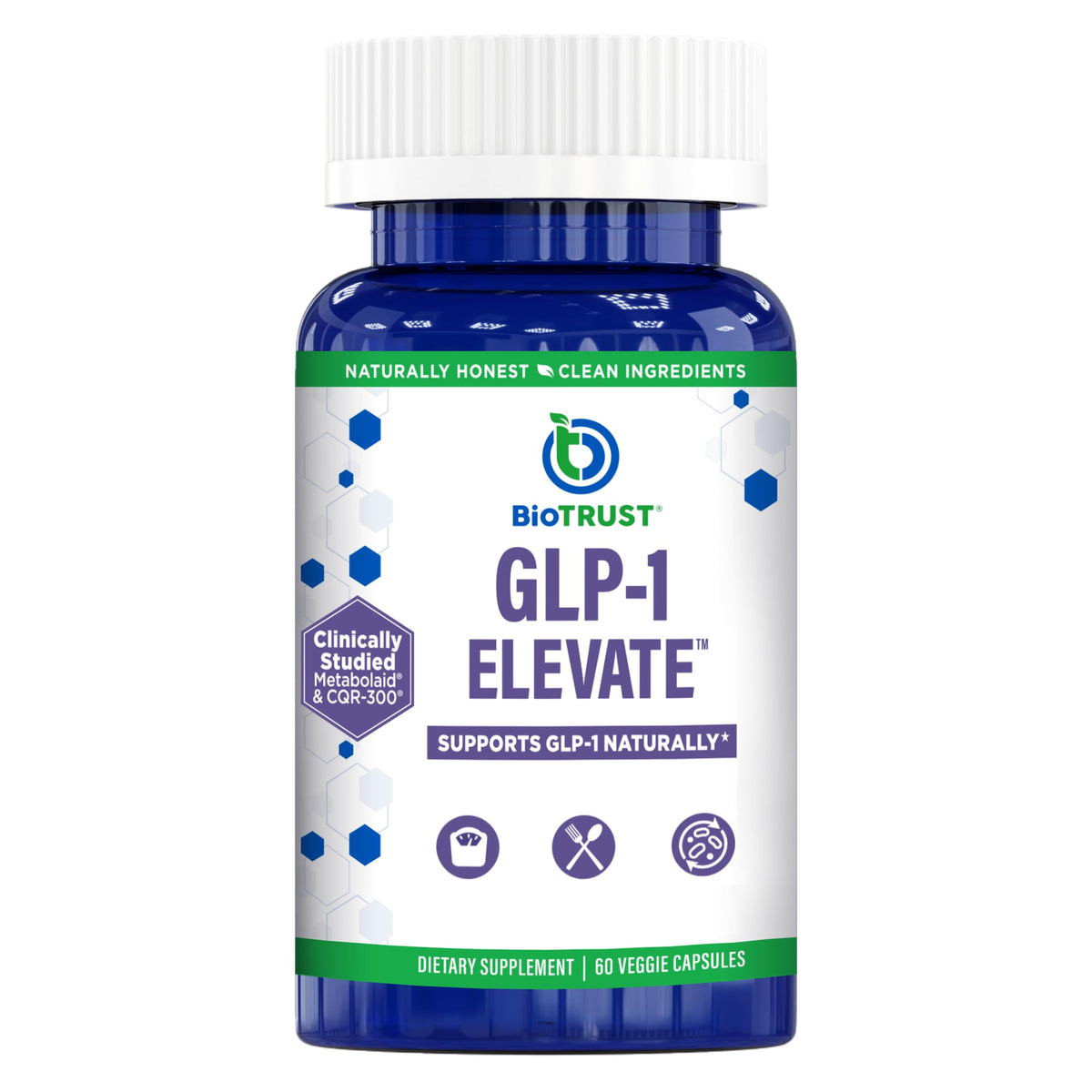 BioTrust GLP1 Elevate bottle-front; ready for a pre-meal routine to curb cravings.