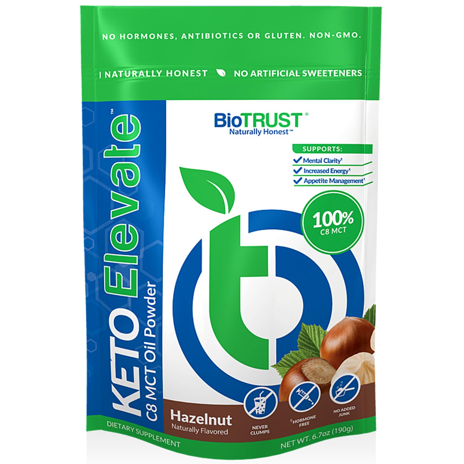 BioTrust Keto Elevate bottle pour highlights pure C8 MCT for clean energy.