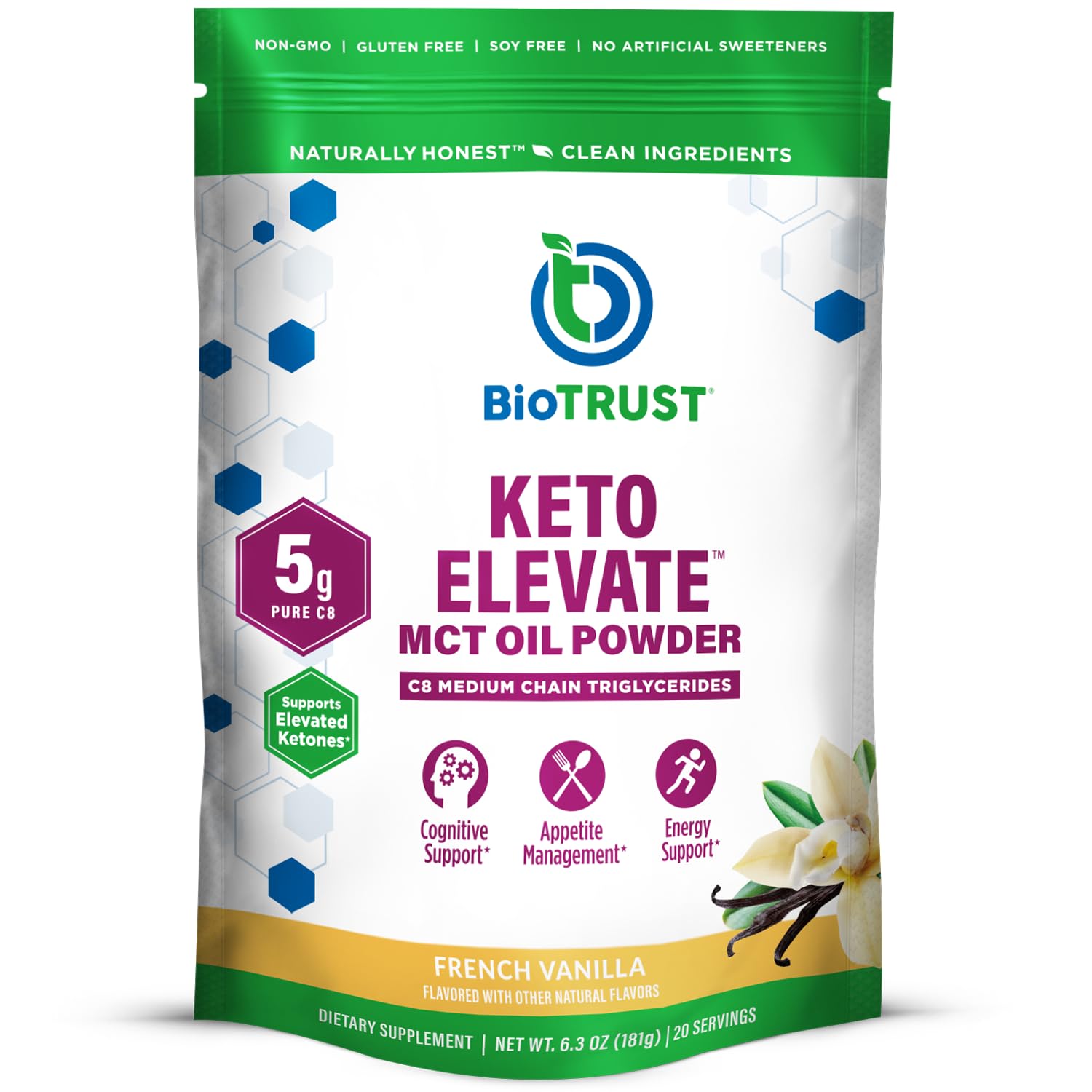 BioTrust Keto Elevate vanilla coffee creamer enhances flavor and steady energy.