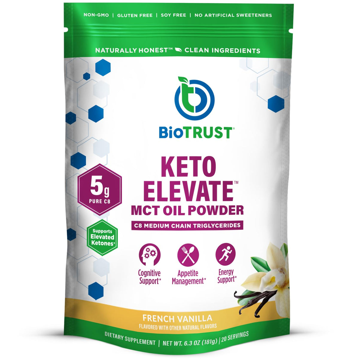 BioTrust Keto Elevate vanilla coffee creamer enhances flavor and steady energy.