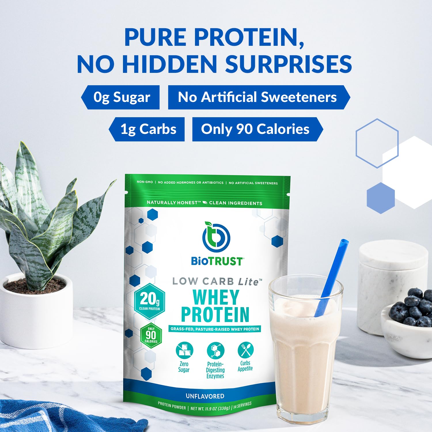BioTrust Low Carb Lite grass-fed whey isolate powder for smooth shakes.