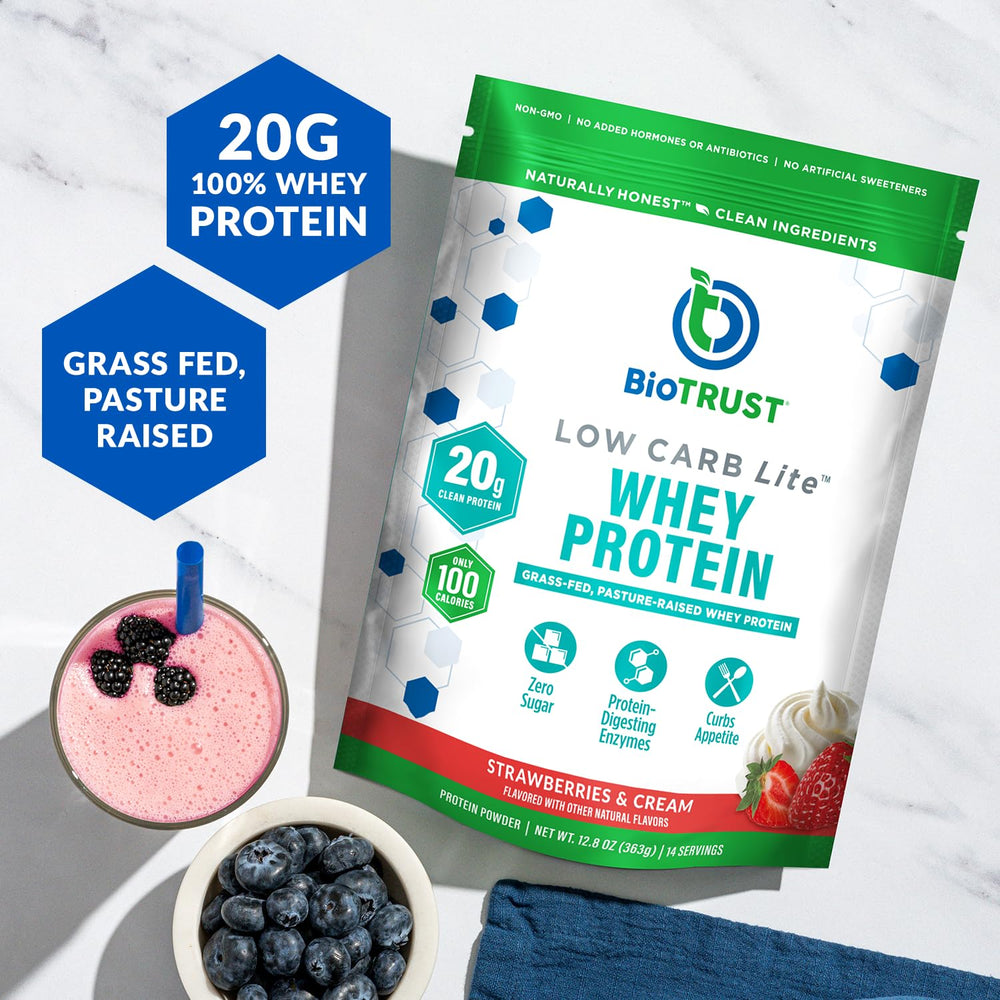 BioTrust Low Carb Lite label close-up highlights grass-fed whey protein isolate