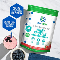 BioTrust Low Carb Lite label close-up highlights grass-fed whey protein isolate