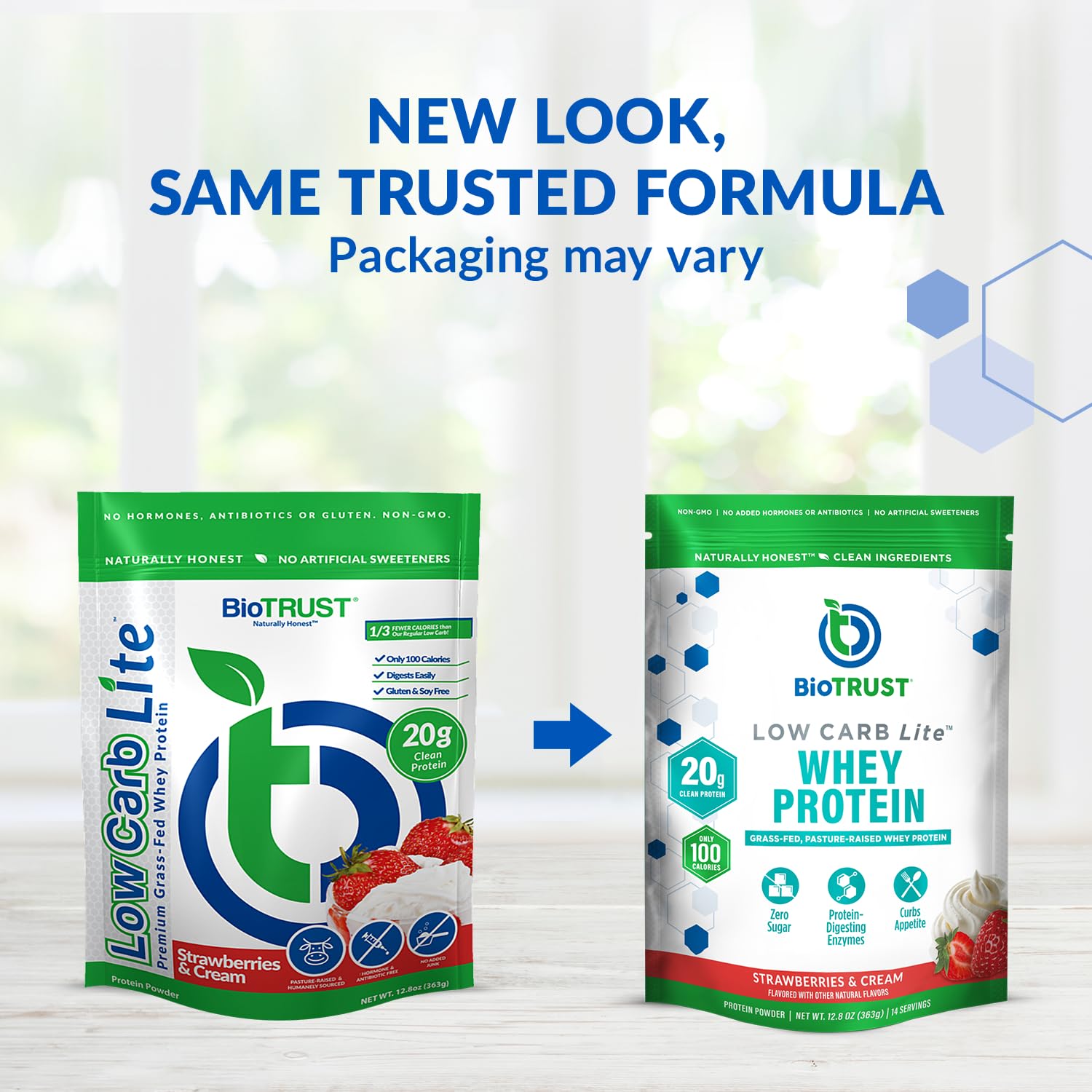 BioTrust Low Carb Lite tub display of Strawberries & Cream for sugar-free shakes