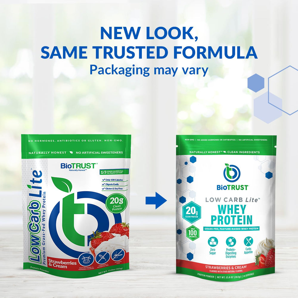 BioTrust Low Carb Lite tub display of Strawberries & Cream for sugar-free shakes