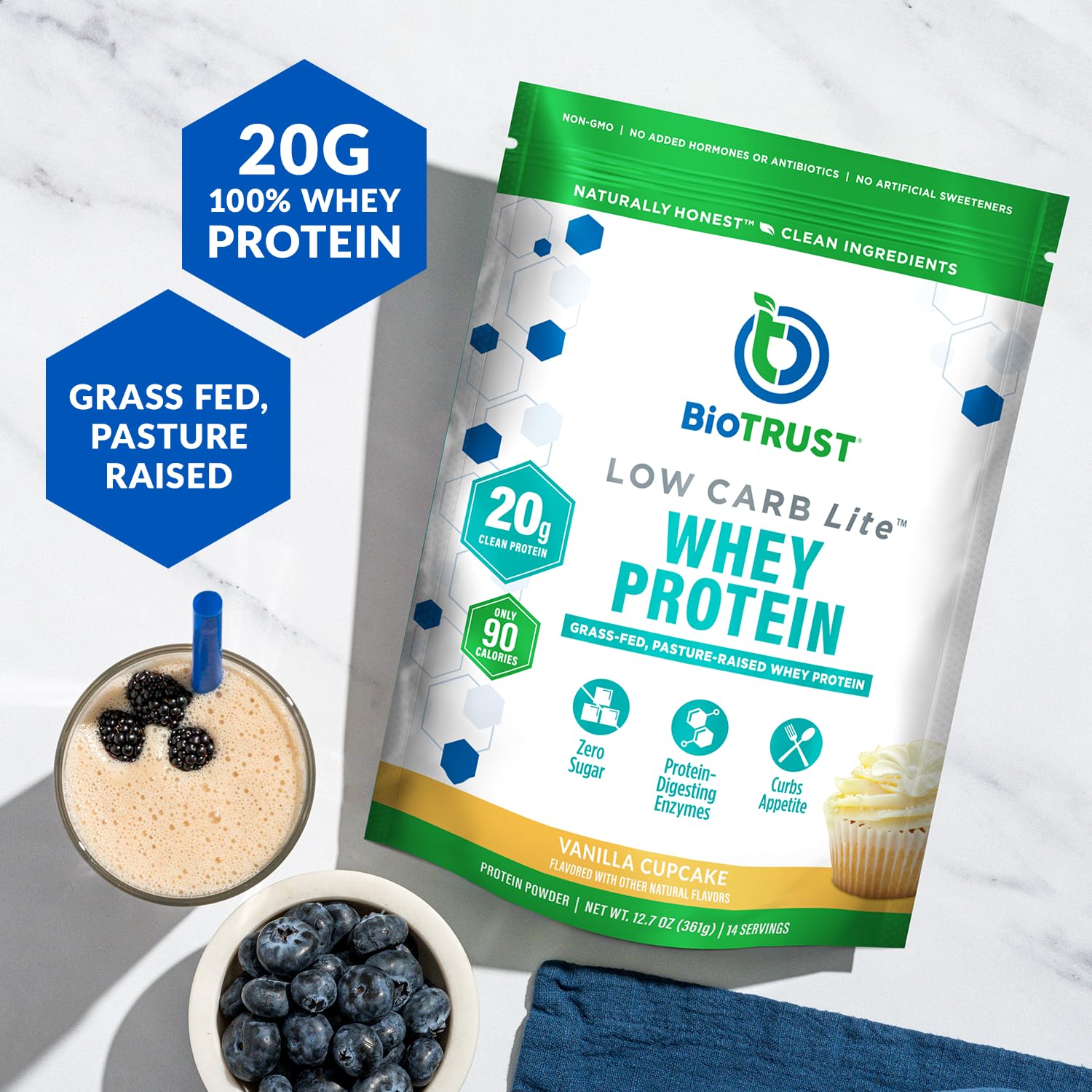 BioTrust Low Carb Lite vanilla cupcake shake glass highlighting post-workout protein