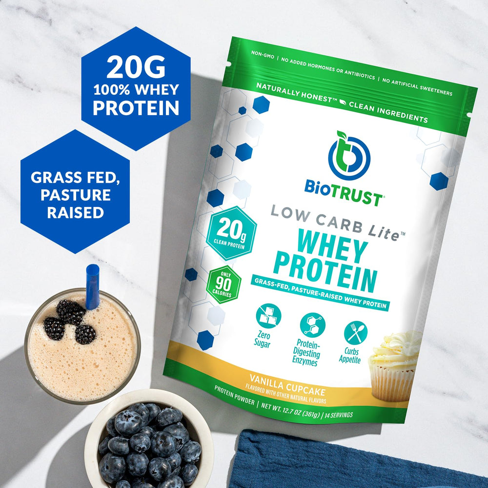 BioTrust Low Carb Lite vanilla cupcake shake glass highlighting post-workout protein
