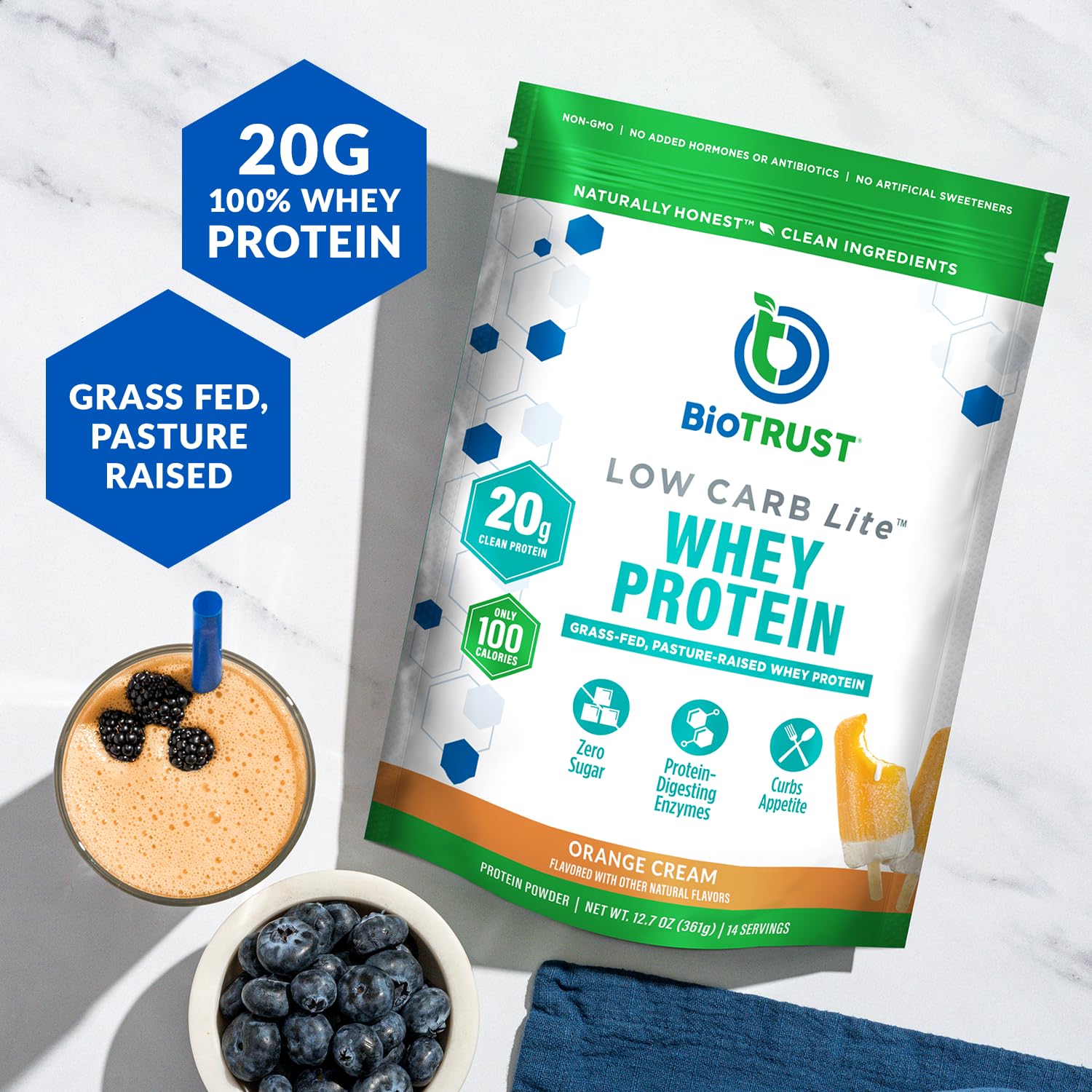 BioTrust Low Carb Lite whey protein powder scoop ready to mix