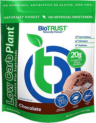 BioTrust Low Carb Plant chocolate bottle pouring a smooth dairy-free shake.