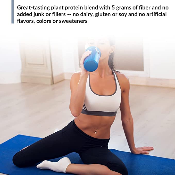 BioTrust Low Carb Plant chocolate powder beside a fiber-rich bowl.