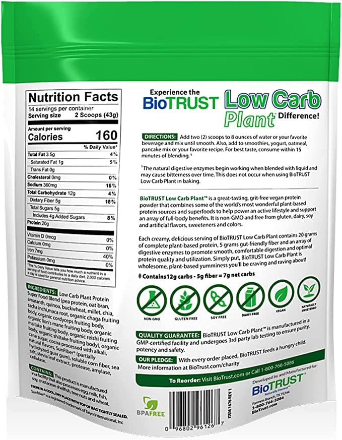 BioTrust Low Carb Plant chocolate glass with creamy plant-based shake texture.