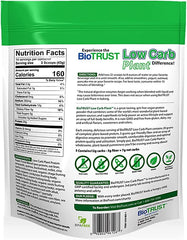 BioTrust Low Carb Plant chocolate glass with creamy plant-based shake texture.
