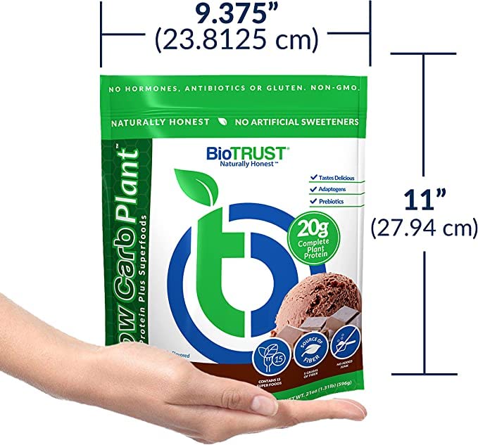 BioTrust Low Carb Plant chocolate packaging highlights clean label and servings.