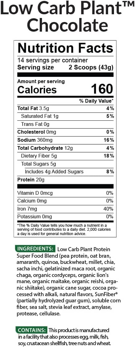 BioTrust Low Carb Plant chocolate scoop beside powder for quick protein.
