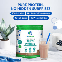 Pour-ready chocolate protein shake in glass highlighting creamy texture.
