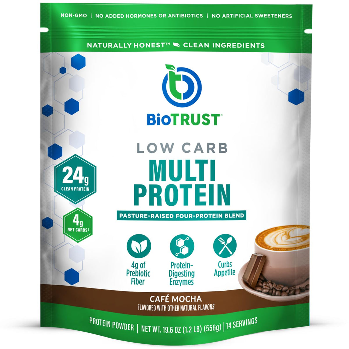 BioTrust Low Carb Cafe Mocha tub shows grass-fed protein for shakes
