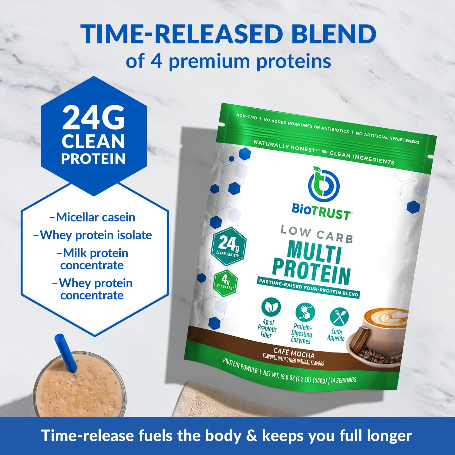 BioTrust Cafe Mocha powder pouring into a shaker for a creamy beverage