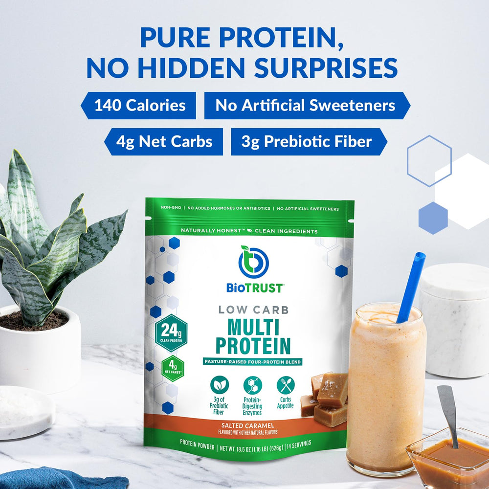 BioTrust Salted Caramel protein powder image demonstrates flavor-forward, low-carb option.