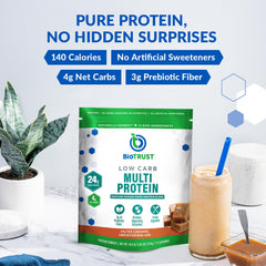 BioTrust Salted Caramel protein powder image demonstrates flavor-forward, low-carb option.