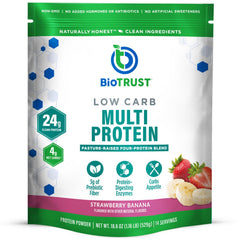 BioTrust low carb protein powder bottle with strawberry banana flavor for quick post-workout shake
