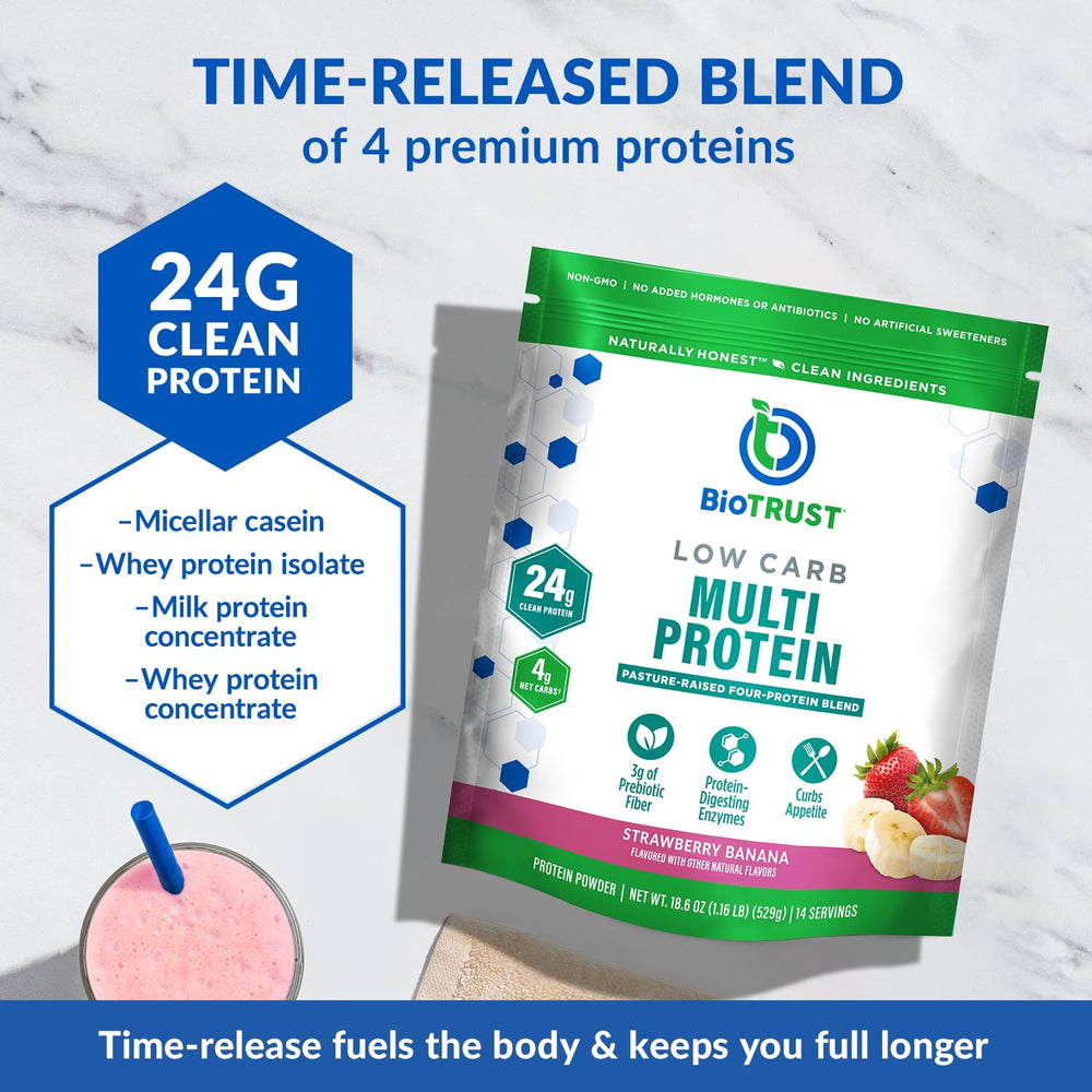 BioTrust low carb protein powder shaker ready for on-the-go strawberry banana blends