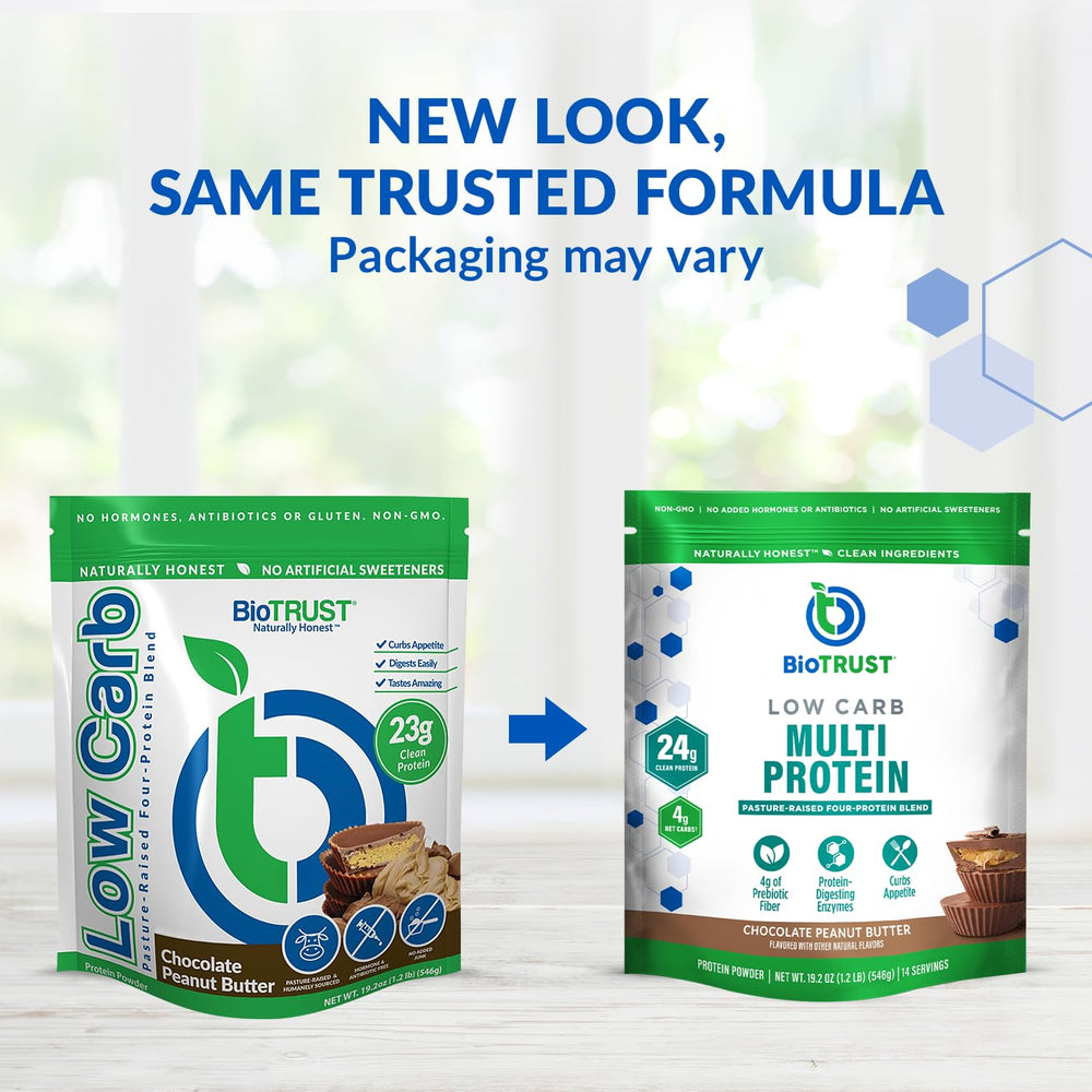 BioTrust Low Carb Protein glass shake showing creamy chocolate peanut butter blend