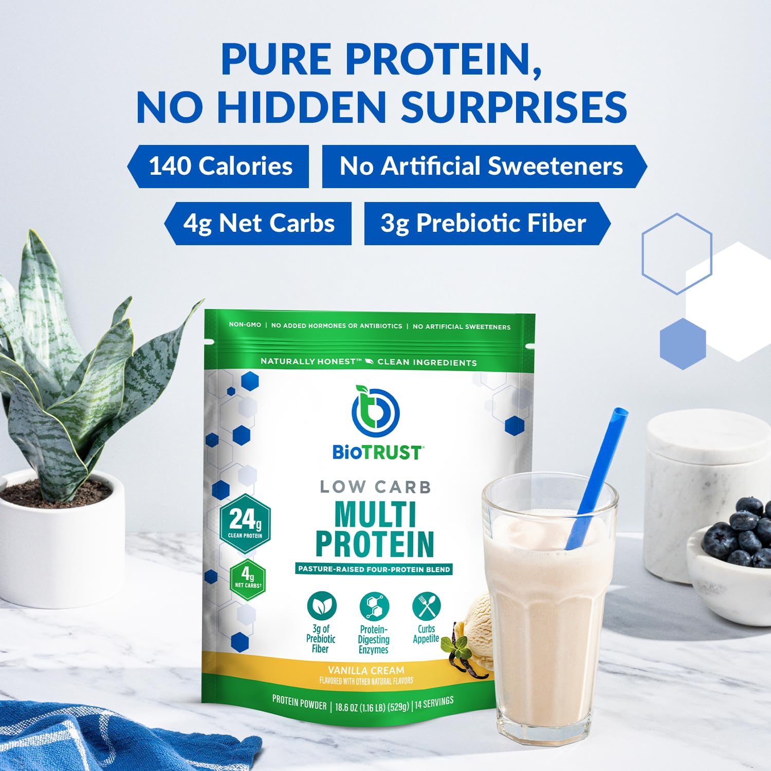 BioTrust Low Carb Protein Powder Vanilla ingredients label close-up for clean ingredients