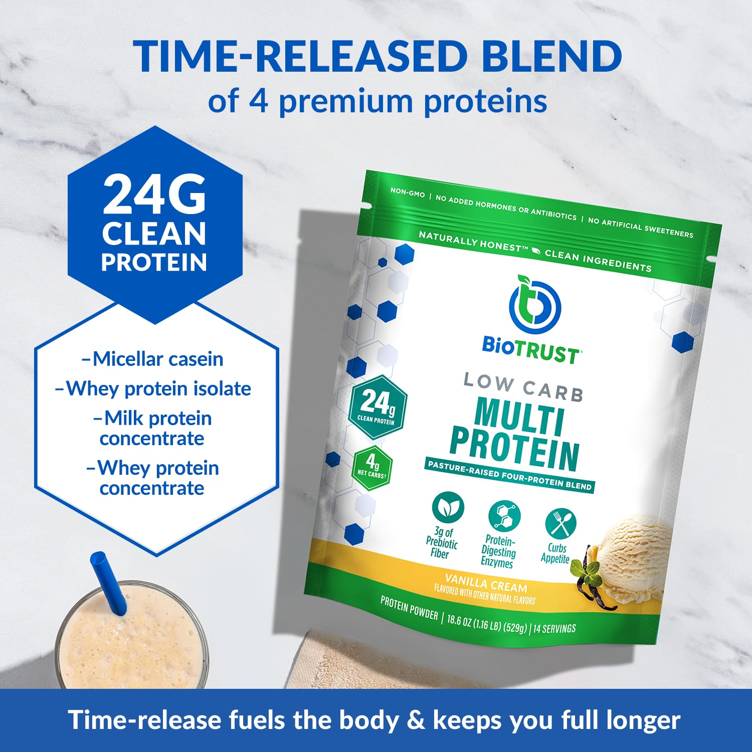 BioTrust Low Carb Protein Vanilla scoop suggests convenient post-workout serving.