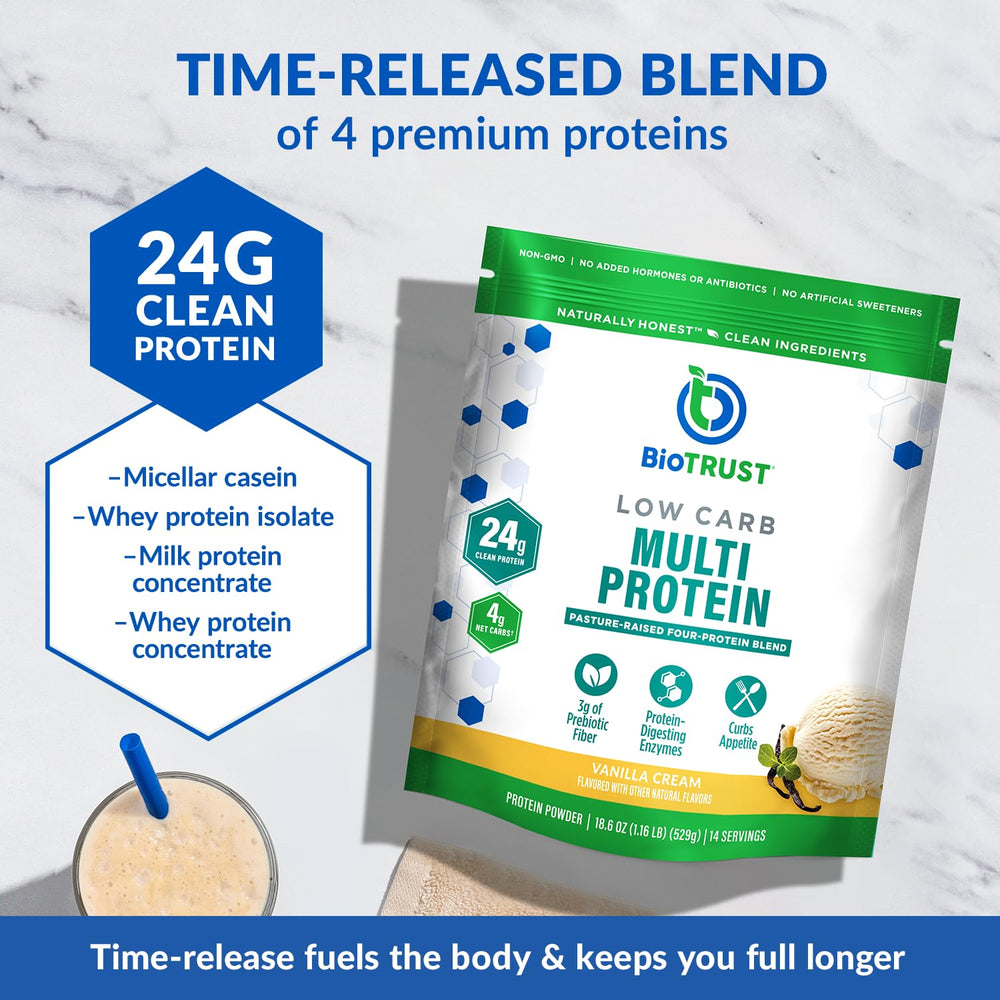 BioTrust Low Carb Protein Vanilla scoop suggests convenient post-workout serving.