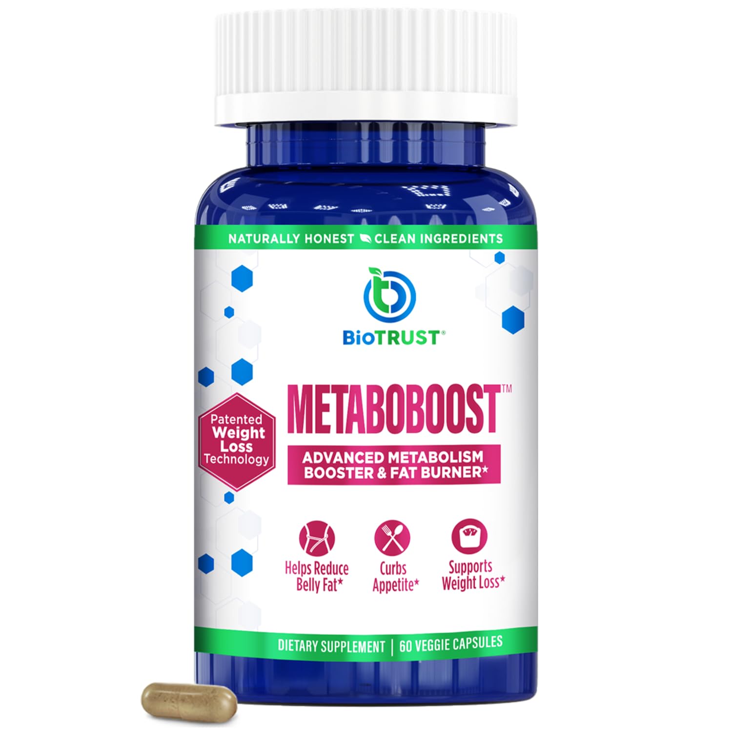 BioTrust MetaboBoost bottle and capsules promoting appetite control.