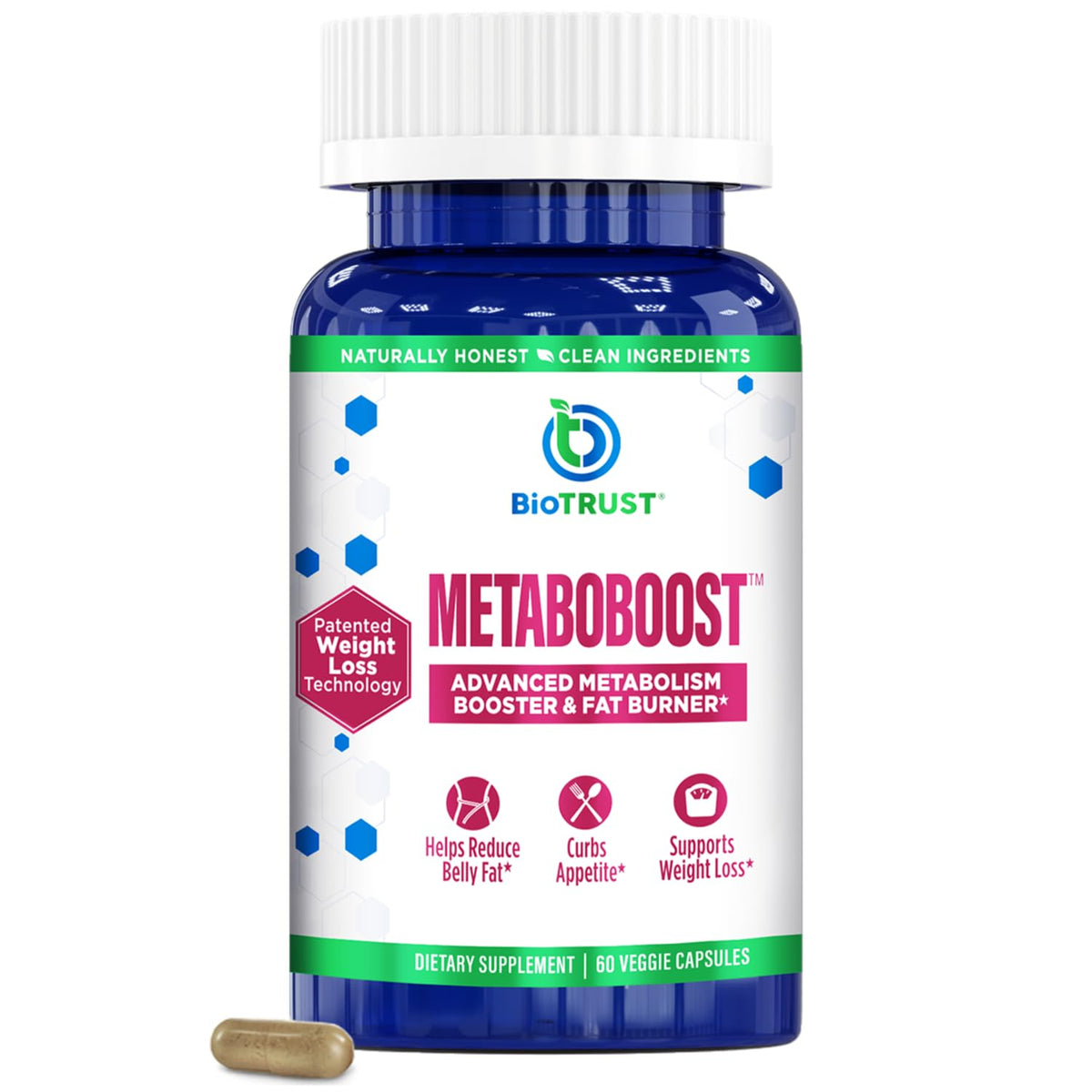 BioTrust MetaboBoost bottle and capsules promoting appetite control.