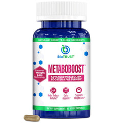 BioTrust MetaboBoost bottle and capsules promoting appetite control.