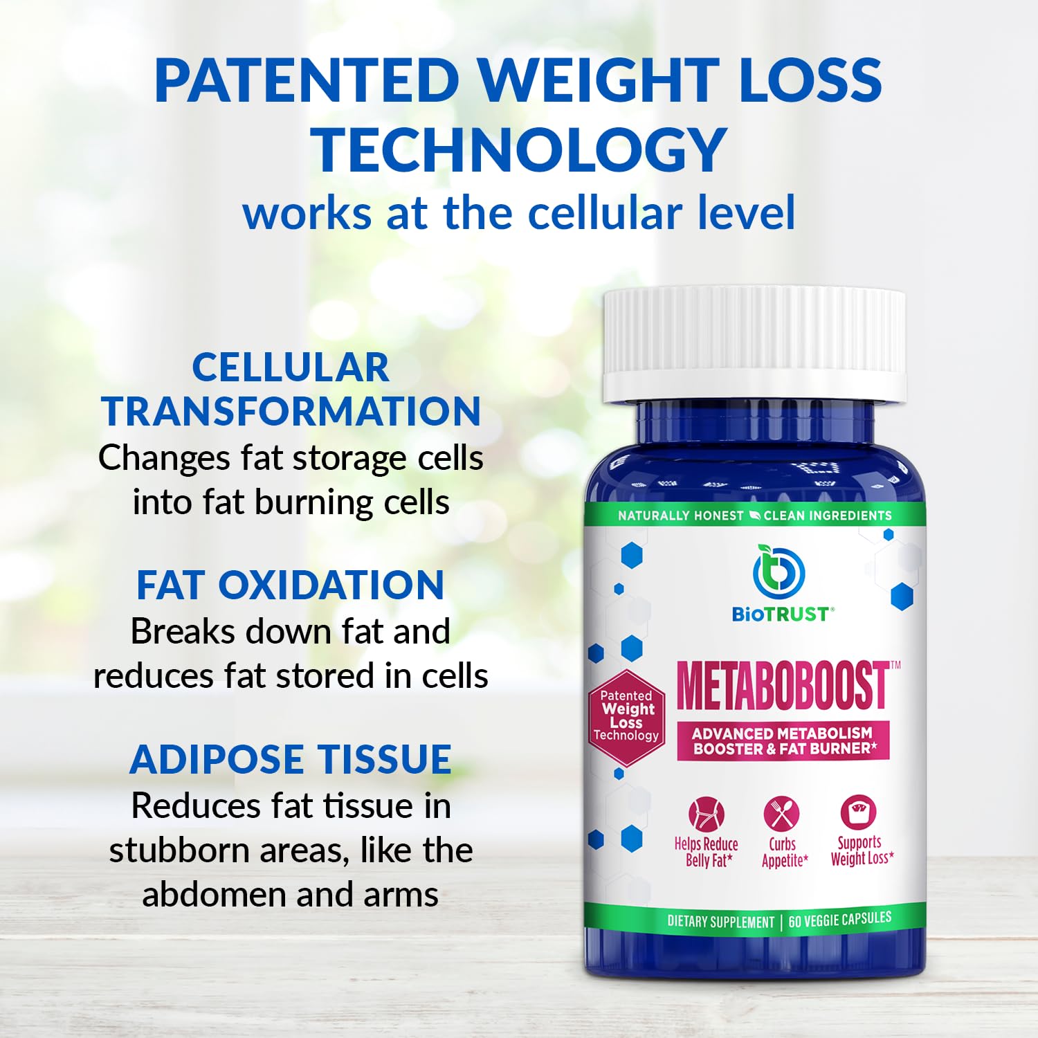 BioTrust MetaboBoost packaging and bottle cap highlighting third-party tested quality.