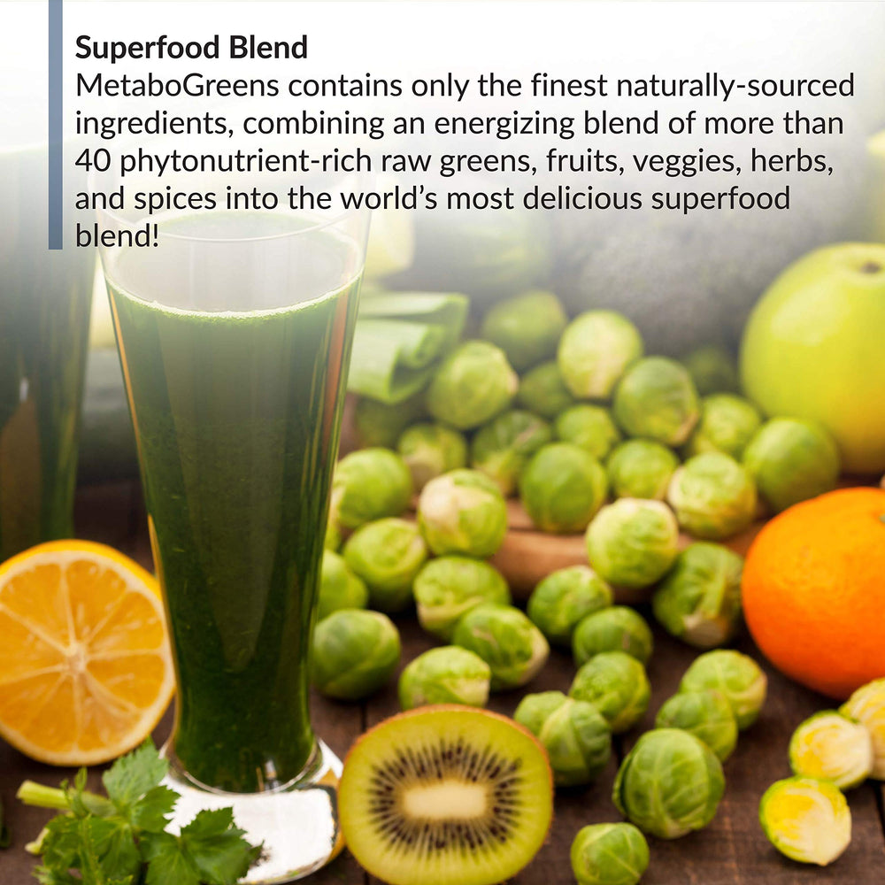 BioTrust Metabo Greens glass with berry mix illustrating energizing mornings